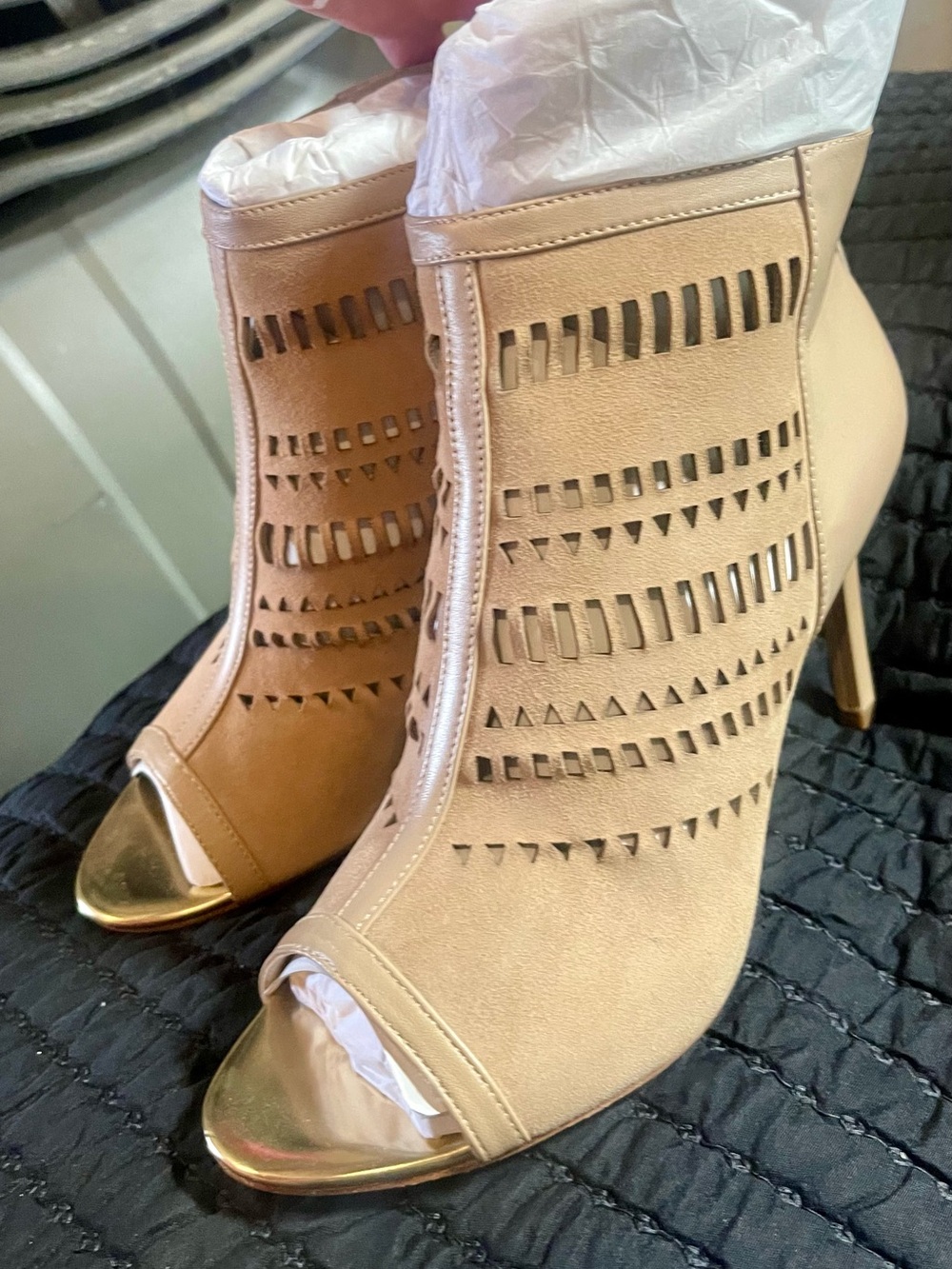 Charles David Nude Cutout Peep-Toe Booties with Gold Toe